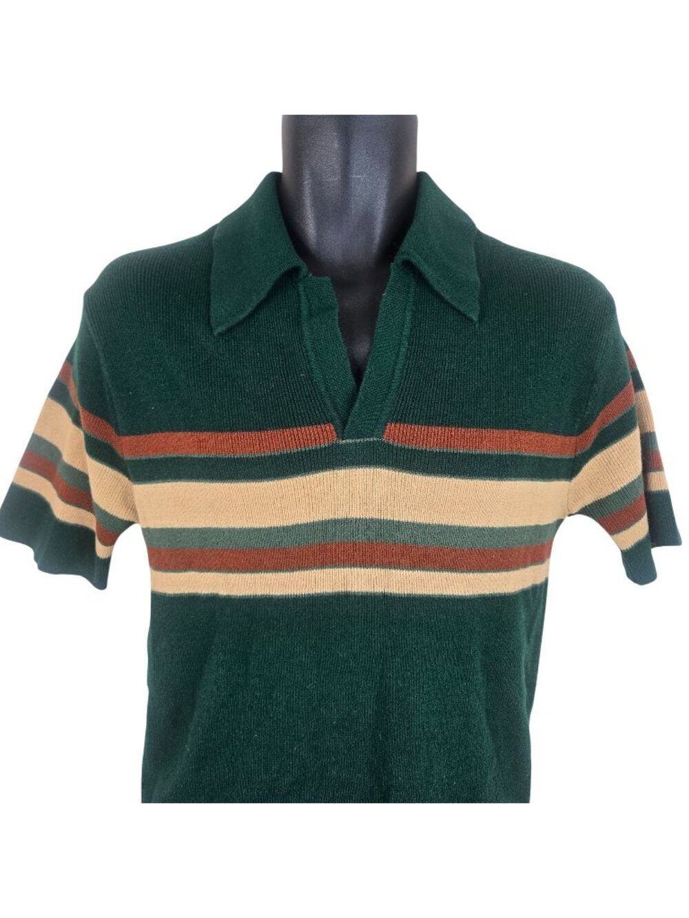 Vintage 70s Alfie Green Striped Knit Polo Shirt Mens Short Sleeve Sweater